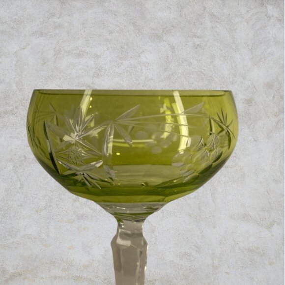 Champagne Coupes -- Green/Yellow Bohemian/Czech Cut-to-Clear Crystal, Set of 2 - Picture 4 of 6